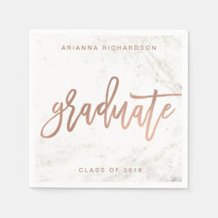 Elegant Graduate White Marble and Faux Rose Gold Napkin