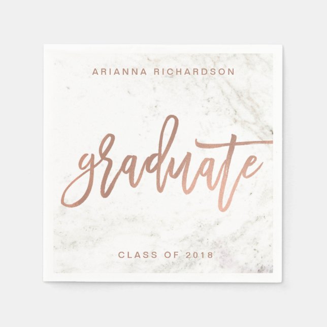 Elegant Graduate | White Marble and Faux Rose Gold Napkin (Front)