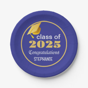 Elegant Graduation 2025 Blue Gold Personalized Paper Plate