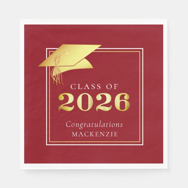 Elegant Graduation 2025 Red Gold Personalized Napkin (Front)
