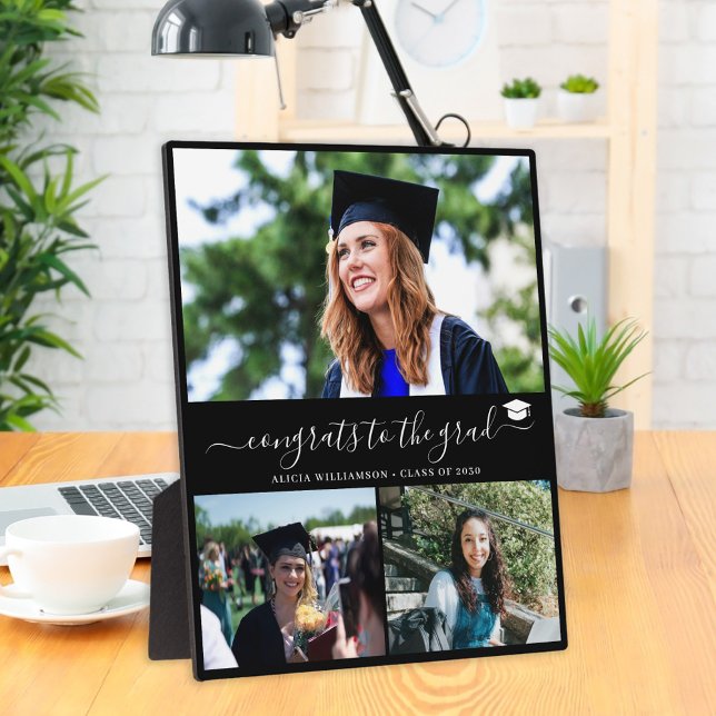 Elegant graduation 3 photo collage graduate black plaque (Creator Uploaded)