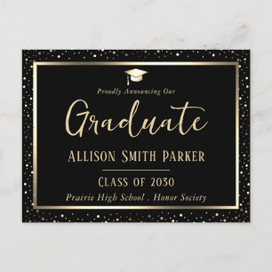 Elegant Graduation Announcement Black and Gold Postcard