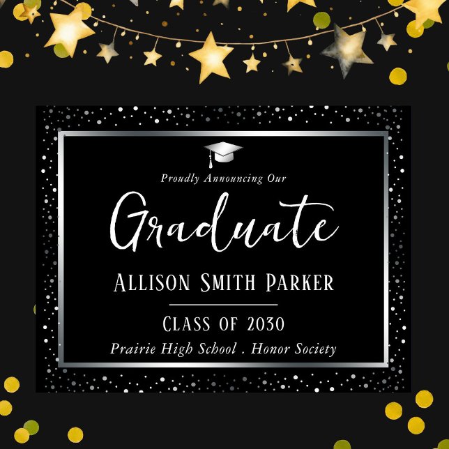 Elegant Graduation Announcement Black and Silver Postcard (Creator Uploaded)