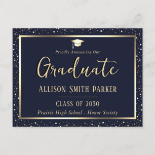 Elegant Graduation Announcement Blue and Gold Postcard