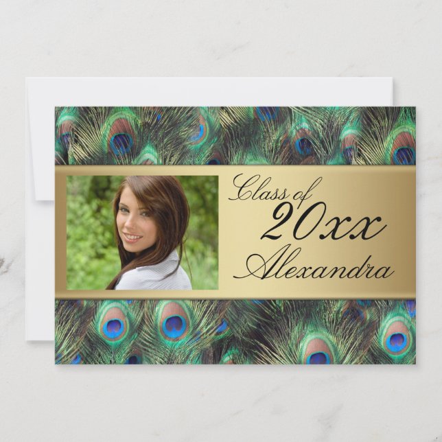 Elegant Graduation Announcement Peacock Photo Gold (Front)