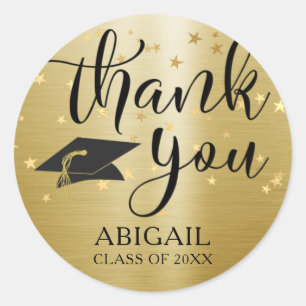 Elegant Graduation Black Gold Script Thank You Classic Round Sticker