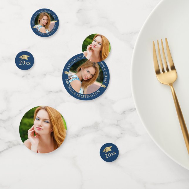 Elegant Graduation Blue Gold Photo Personalized Confetti (Group)