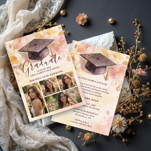 Elegant Graduation Cap 5-Photo Collage Floral Invitation