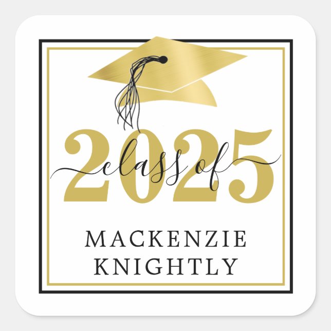 Elegant Graduation Cap Class Year Name Black Gold  Square Sticker (Front)