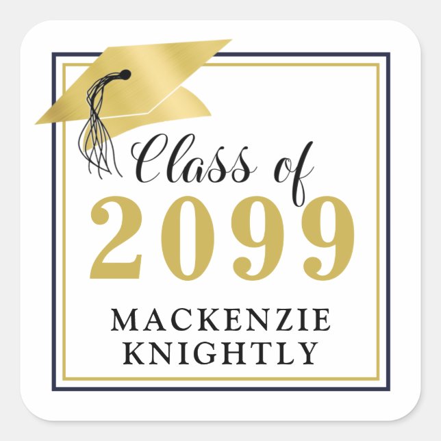 Elegant Graduation Cap Class Year Name Black Gold Square Sticker (Front)