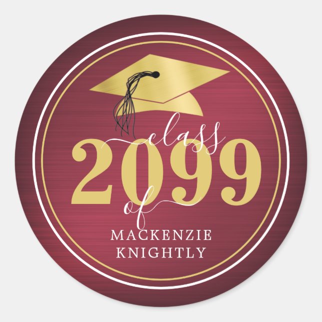 Elegant Graduation Cap Class Year Name Maroon Gold Classic Round Sticker (Front)