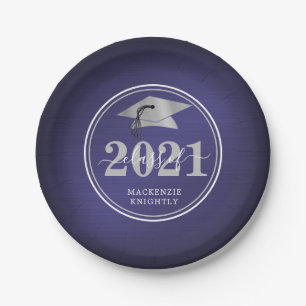 Elegant Graduation Cap Class Year Navy Blue Silver Paper Plate