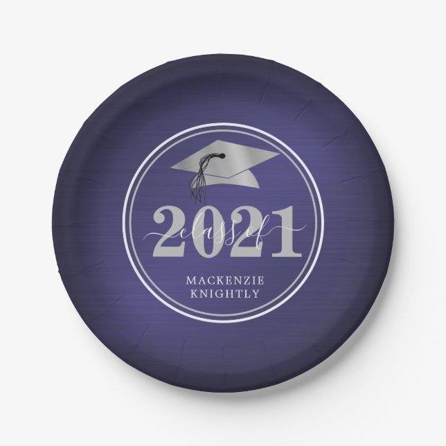 Elegant Graduation Cap Class Year Navy Blue Silver Paper Plate (Front)