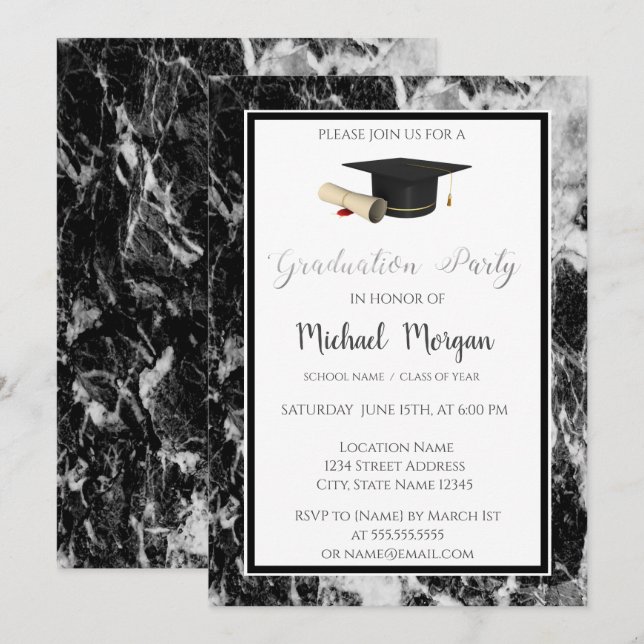 Elegant Graduation Cap Marble Graduation Party Invitation (Front/Back)