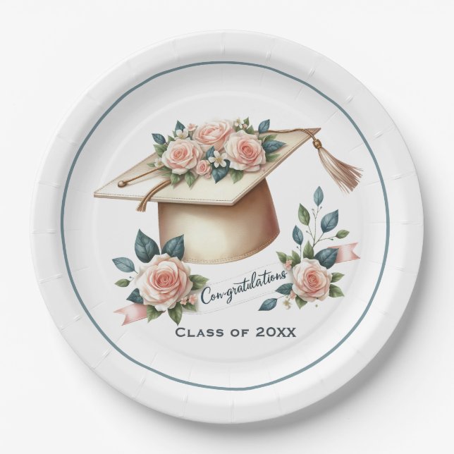  Elegant Graduation Cap & Roses Artwork Paper Plate (Front)