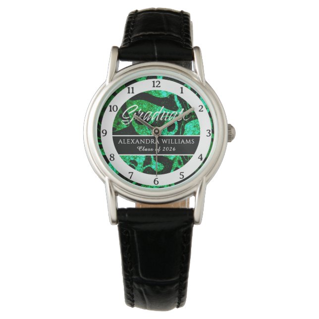 Elegant Graduation Class 2026 Green Glitter Waves Watch (Front)