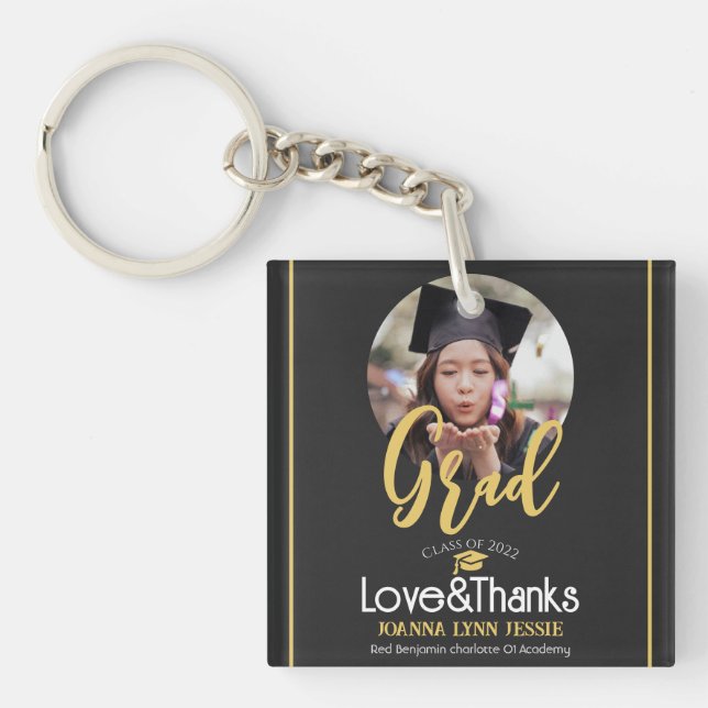 Elegant Graduation gold Cap Thanks Script Photo Keychain (Front)