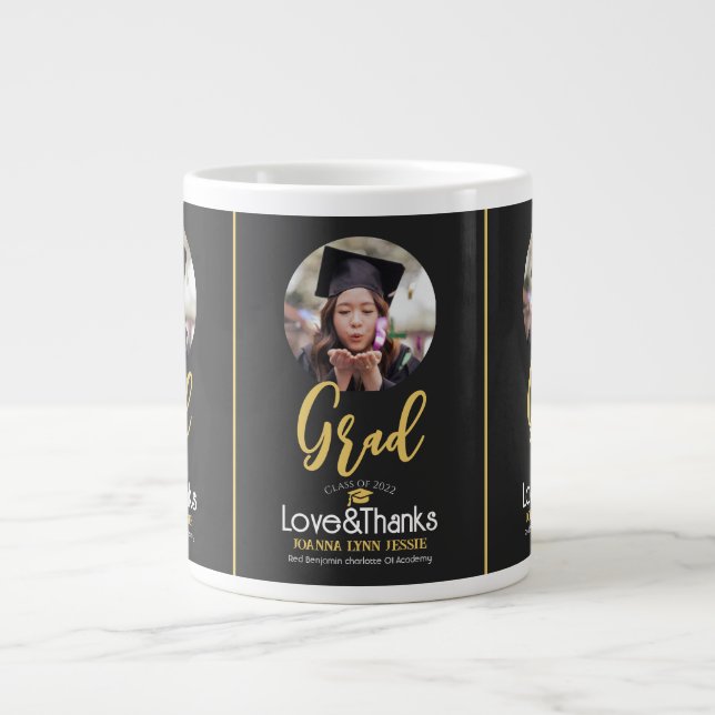 Elegant Graduation gold Cap Thanks Script Photo Large Coffee Mug (Front)