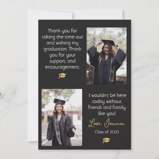 Elegant Graduation gold Cap Thanks Script Photo Th Thank You Card (Back)