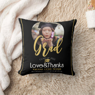 Elegant Graduation gold Cap Thanks Script Photo Throw Pillow