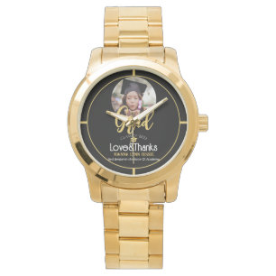 Elegant Graduation gold Cap Thanks Script Photo Watch