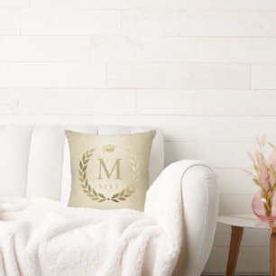 Elegant Graduation Gold Laurel Wreath Monogram Throw Pillow