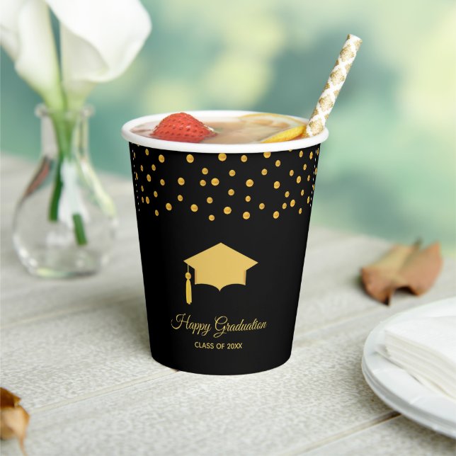 Elegant Graduation Golden Confetti on Black Paper Cups (Insitu)