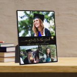 Elegant graduation grad 3 photo collage gold black plaque<br><div class="desc">Stylish unique elegant simple black and gold trendy handwriting calligraphy script congrats to the grad photo grid collage graduation congratulations chic keepsake plaque with three custom photos and your text.                  Personalize it with your pictures and text!</div>