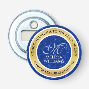 Elegant Graduation Monogram Blue Marble Gold Foil Bottle Opener