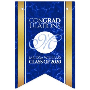 Elegant Graduation Monogram Blue Marble Gold Foil Bunting Flags