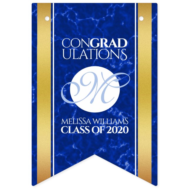 Elegant Graduation Monogram Blue Marble Gold Foil Bunting Flags (First Flag)