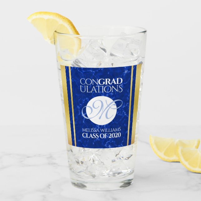 Elegant Graduation Monogram Blue Marble Gold Foil Glass (Front Ice)