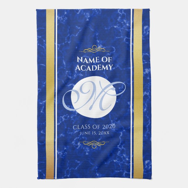 Elegant Graduation Monogram Blue Marble Gold Foil Kitchen Towel (Vertical)