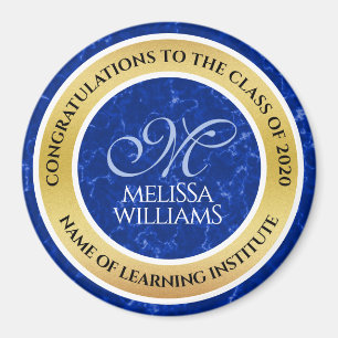 Elegant Graduation Monogram Blue Marble Gold Foil Magnet