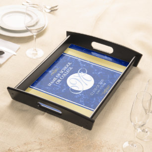 Elegant Graduation Monogram Blue Marble Gold Foil Serving Tray