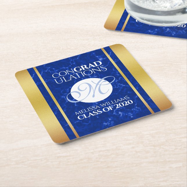 Elegant Graduation Monogram Blue Marble Gold Foil Square Paper Coaster (Angled)