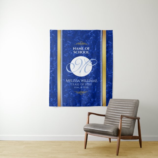 Elegant Graduation Monogram Blue Marble Gold Foil Tapestry (In Situ)