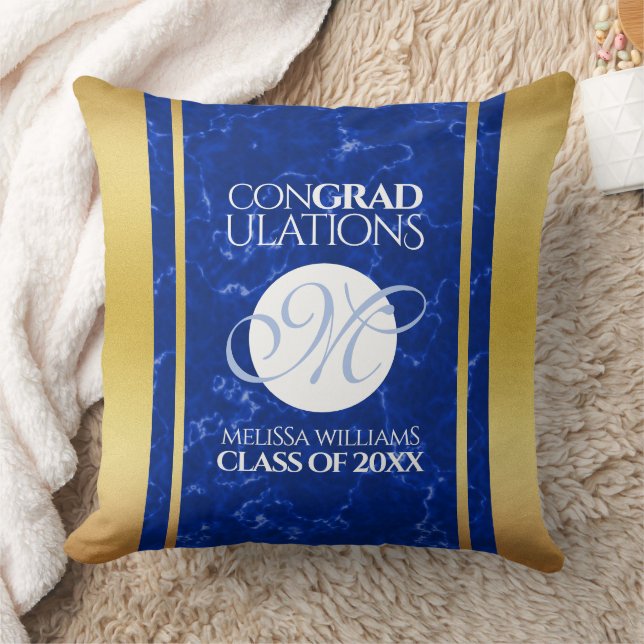 Elegant Graduation Monogram Blue Marble Gold Foil Throw Pillow (Blanket)