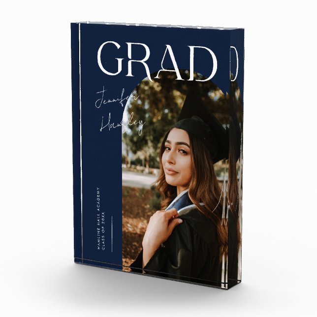 Elegant Graduation Name and School Navy Blue Photo Block (Right)