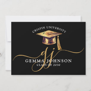 Elegant Graduation Name Gold Monogram Black Announcement