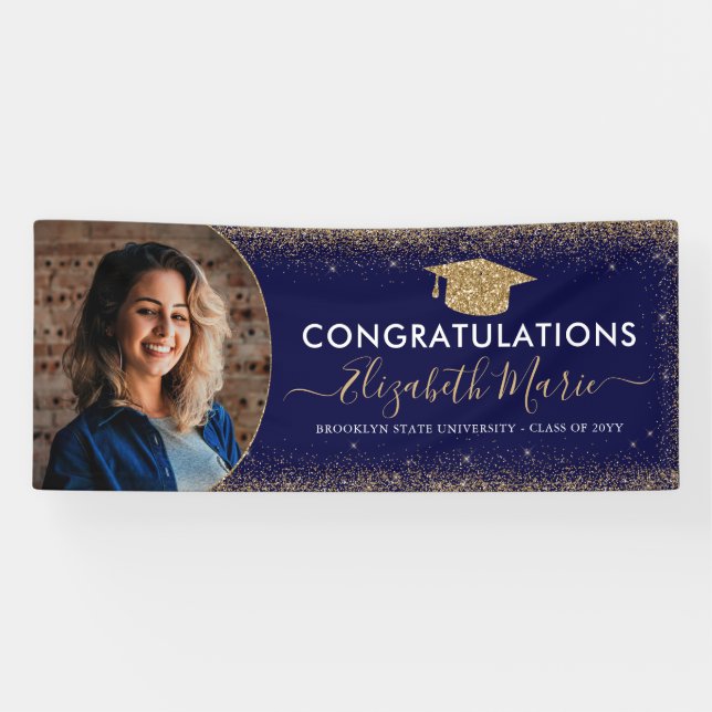 Elegant Graduation Navy Blue Gold Glitter Photo Banner (Horizontal)