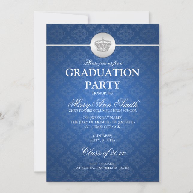 Elegant Graduation Party Classy Crown Blue Invitation (Front)