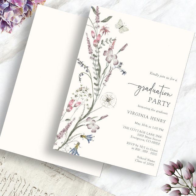 Elegant Graduation Party Invitation (Elegant Watercolor Floral Graduation Party Invitation with Butterfly by Painted Paperie
)
