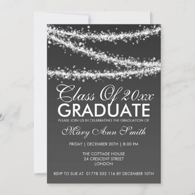 Elegant Graduation Party String Lights Black Invitation (Front)