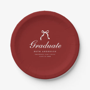 Elegant Graduation Party Wine Red Coquette Bow Paper Plate