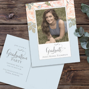 Elegant Graduation Photo Minimalist Floral Blue Postcard