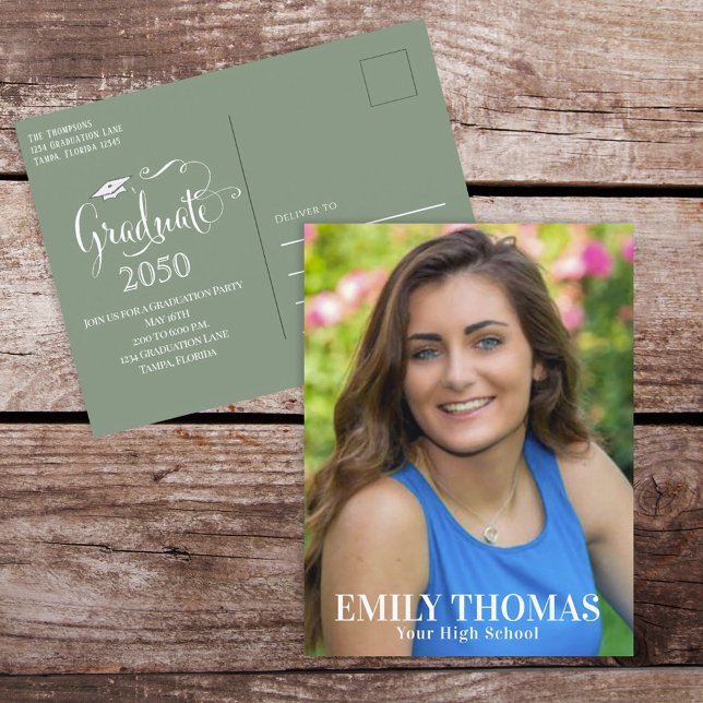 Elegant Graduation Photo Minimalist Script Sage Postcard (Creator Uploaded)