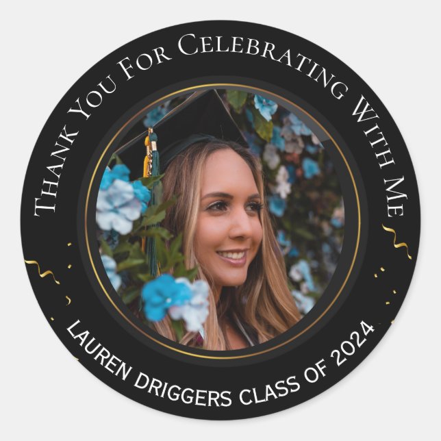 Elegant Graduation Photo Year Black Gold Classic Round Sticker (Front)