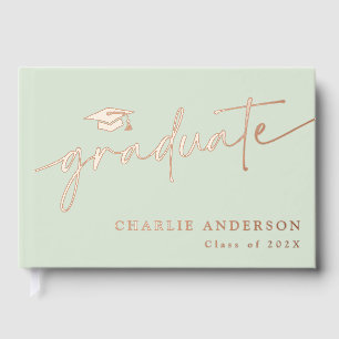 Elegant graduation script graduate cap light sage guest book