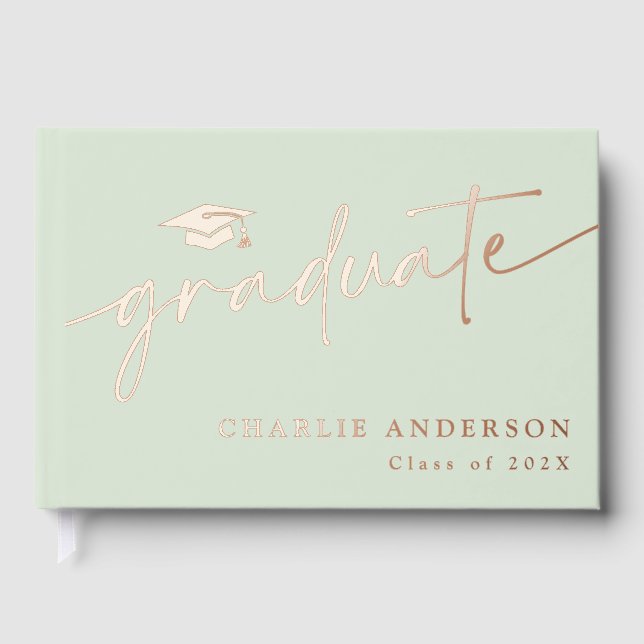 Elegant graduation script graduate cap light sage guest book (Front)